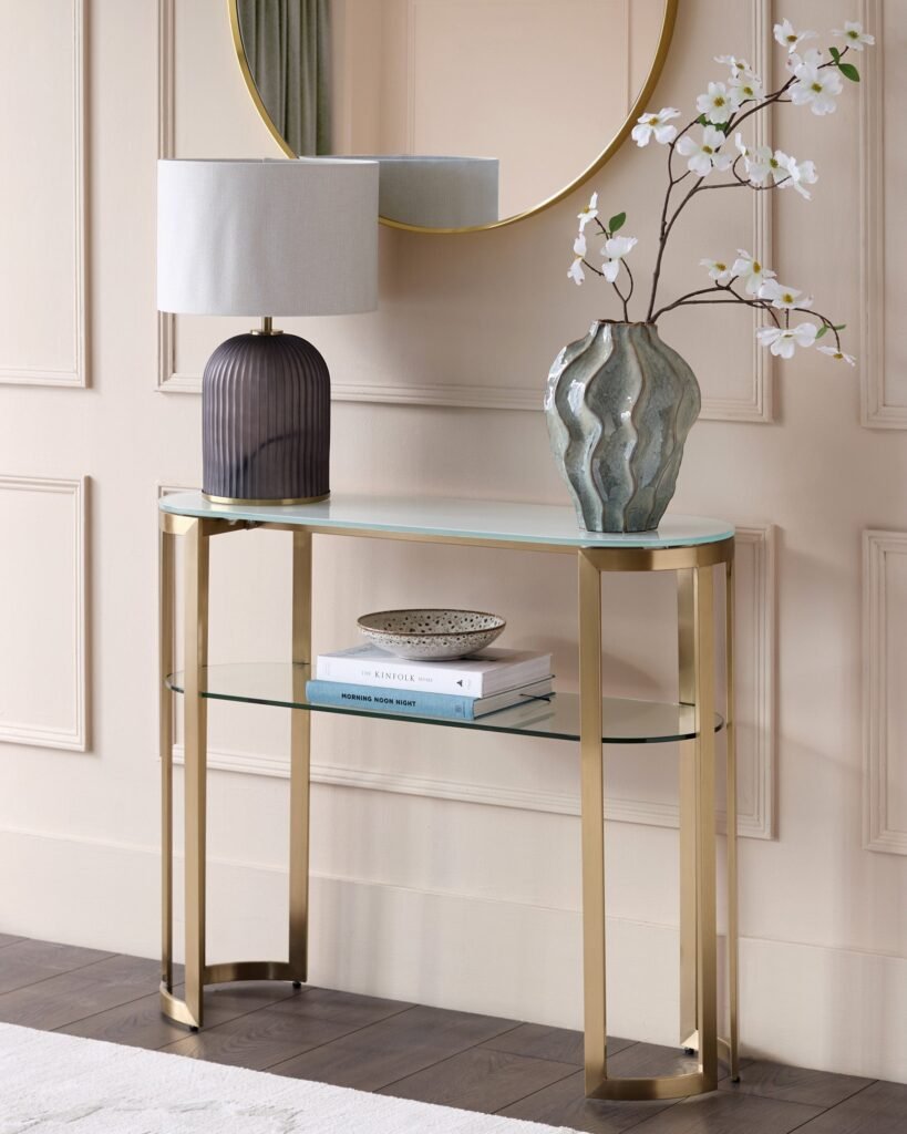 Dusk Isla White Glass And Brass Console Table Front