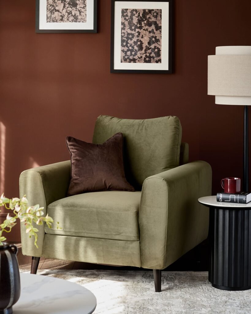 Jacob olive green velvet dark wood armchair – Dusk Front