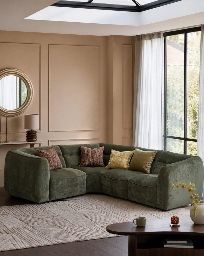 Jodie dark green chenille small corner sofa – Dusk Scotland Front