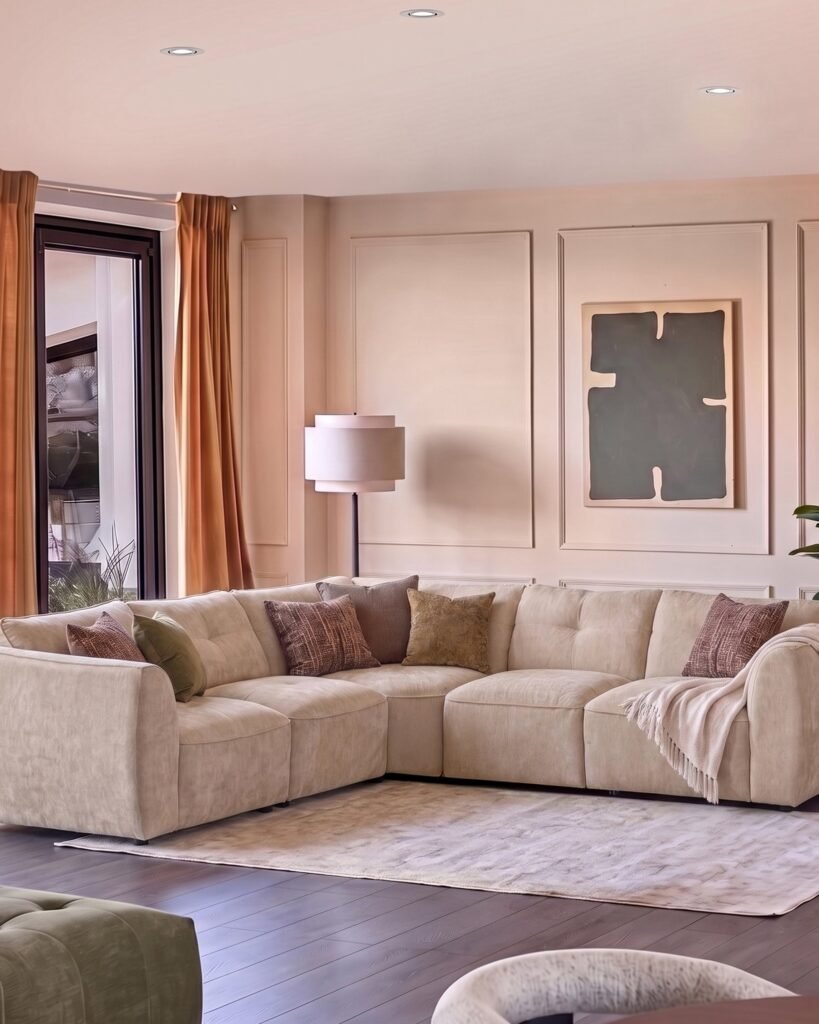 Jodie champagne chenille Dusk Scotland large corner sofa Front