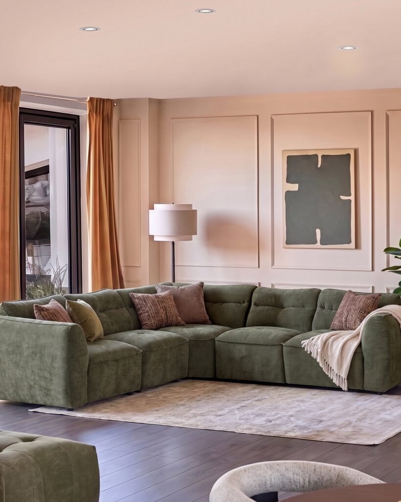 Jodie dark green chenille large corner sofa – Dusk England Front