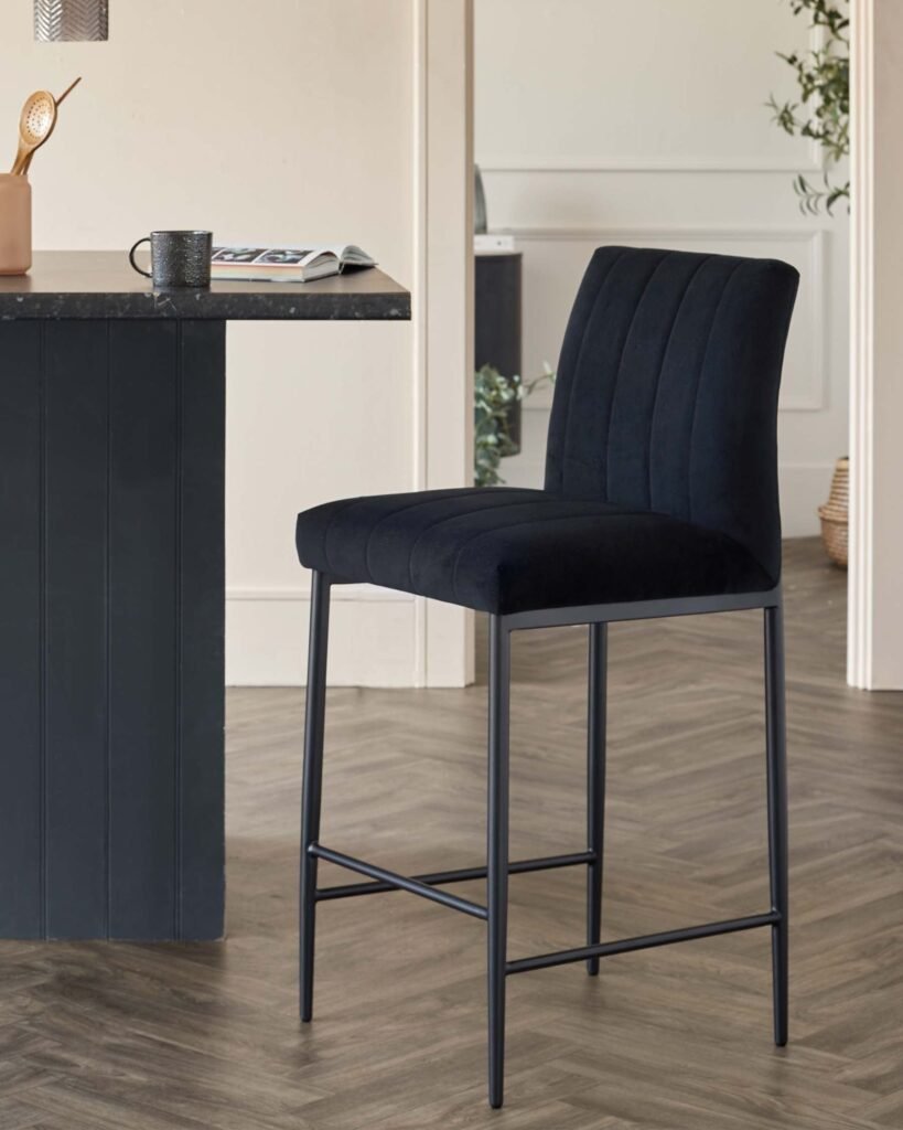 Kendra Black Metal Bar Stool Black Classic Velvet – Dusk Front