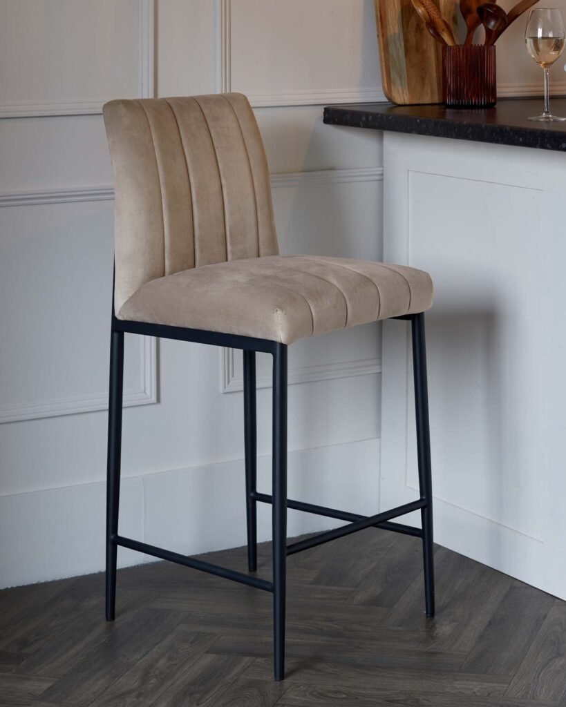 Kendra Black Metal Bar Dusk Stool Champagne Plush Velvet Front