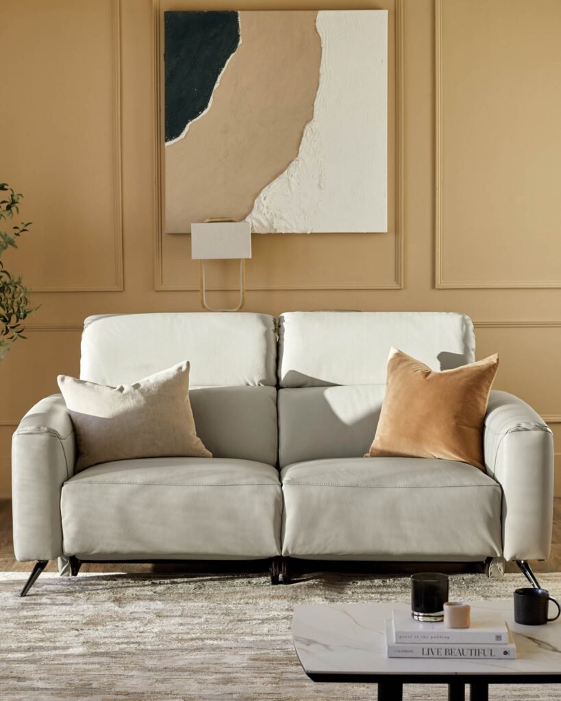 Kenzie Natural Grey Leather Recliner 2 Seater Sofa – Dusk Front