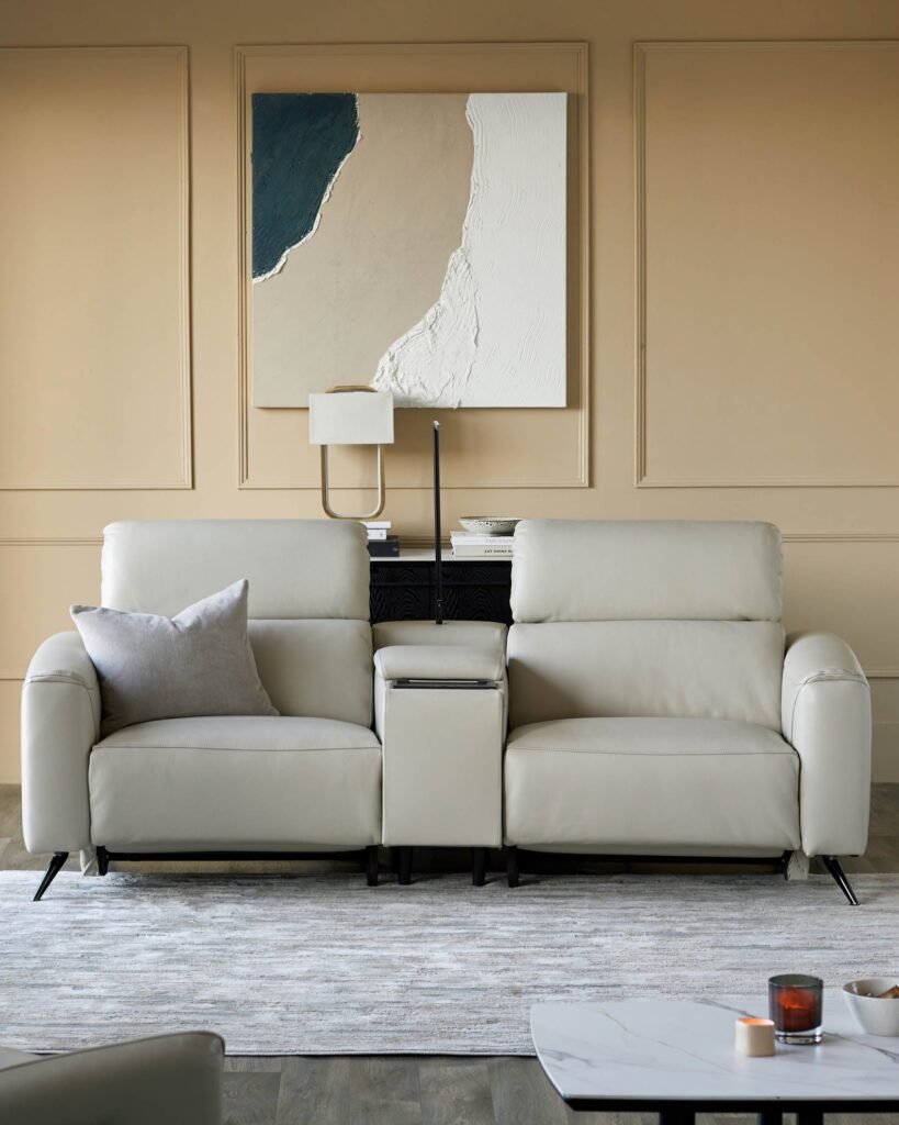 Kenzie Natural Grey Leather Recliner 2 Seater Sofa with console table – Dusk England Front