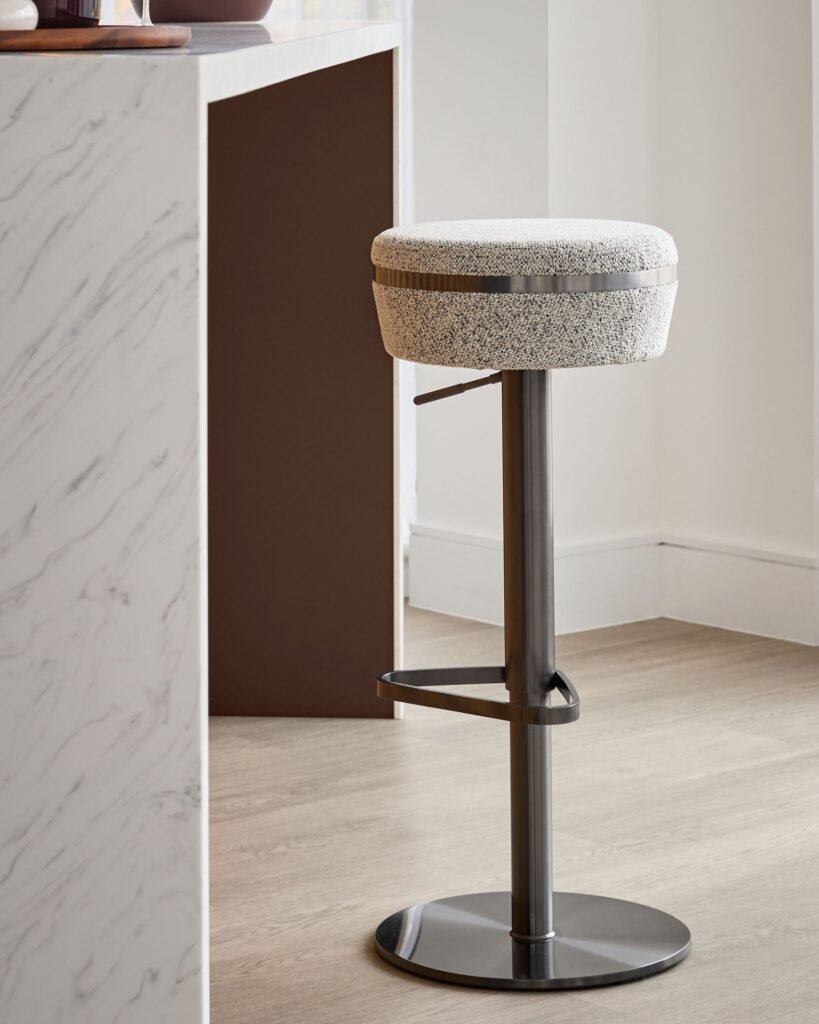 Kian grey fabric gas lift bar stool – Dusk Scotland Front