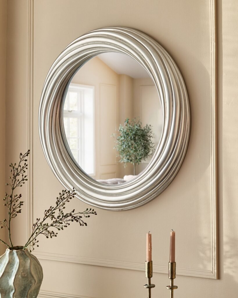 Kyla silver round mirror – Dusk Front