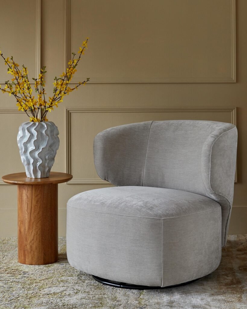 Dusk England Landon light grey fabric swivel accent chair Front