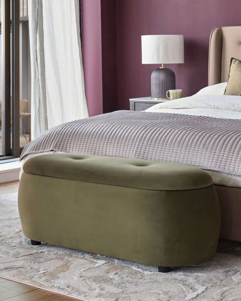Lani olive green velvet storage ottoman bench – Dusk England Front
