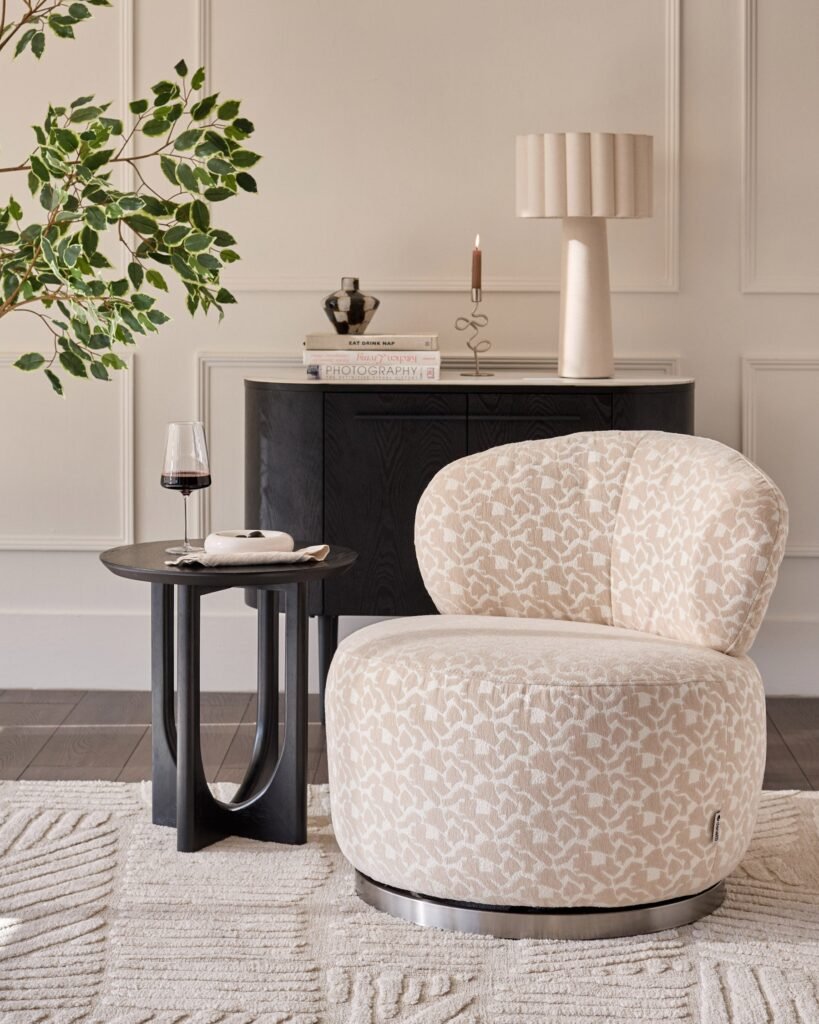Dusk England Leda champagne abstract fabric swivel accent chair Front