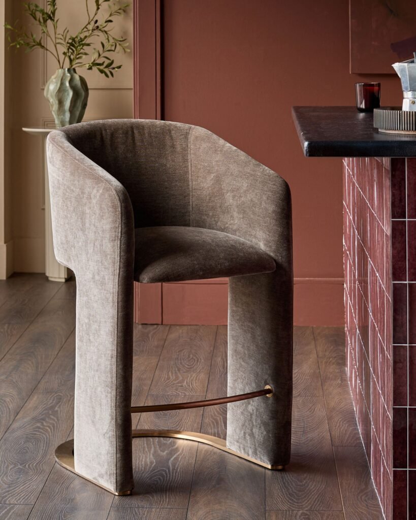 Leighton mocha chenille brushed bronze cantilever bar stool – Dusk England Front