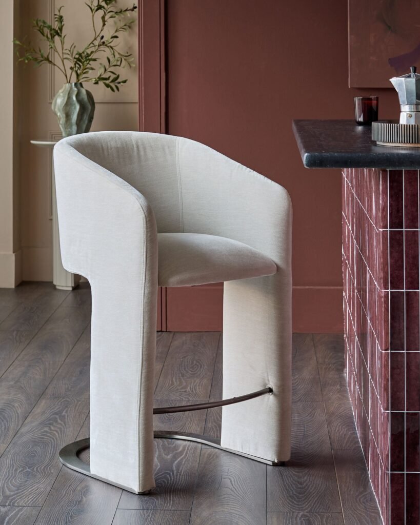 Leighton natural grey chenille Dusk Scotland black steel cantilever bar stool Front