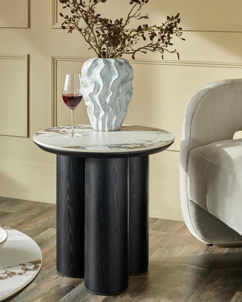 Dusk England Lena white calacatta ceramic side table Front