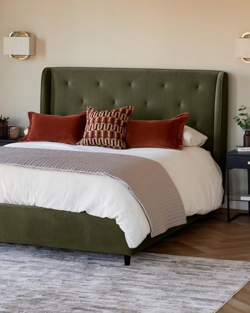Lenora olive green velvet Dusk Scotland double ottoman storage bed Front