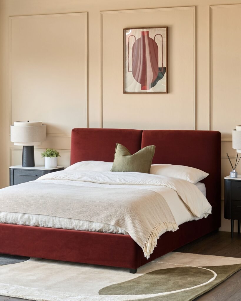 Leona toffee red velvet double ottoman storage bed – Dusk England Front