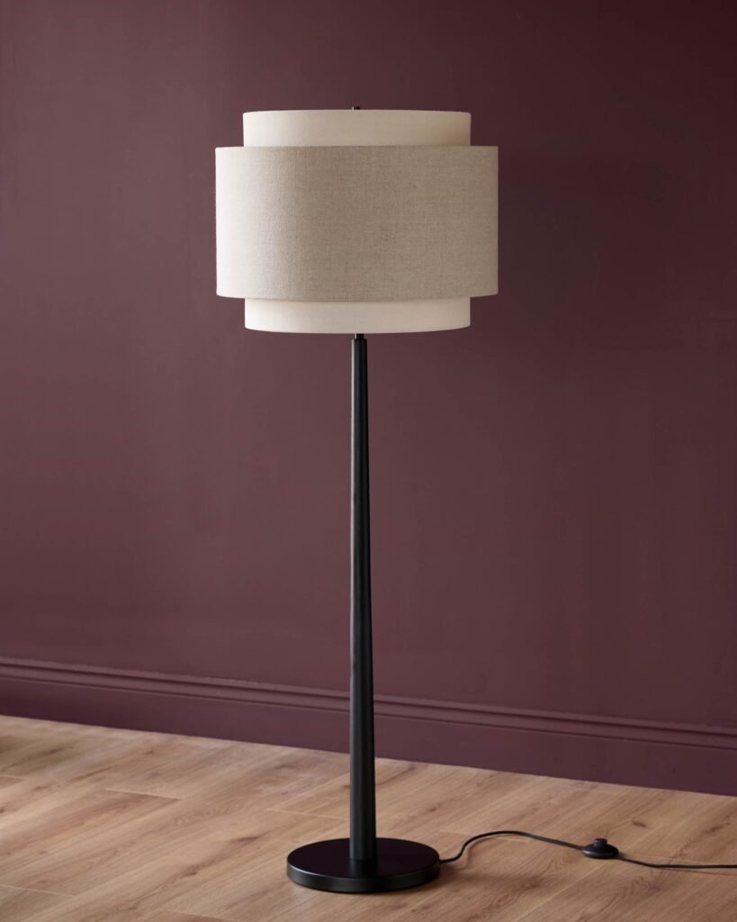 Leonie natural and mocha linen black wood floor lamp – Dusk Scotland Front