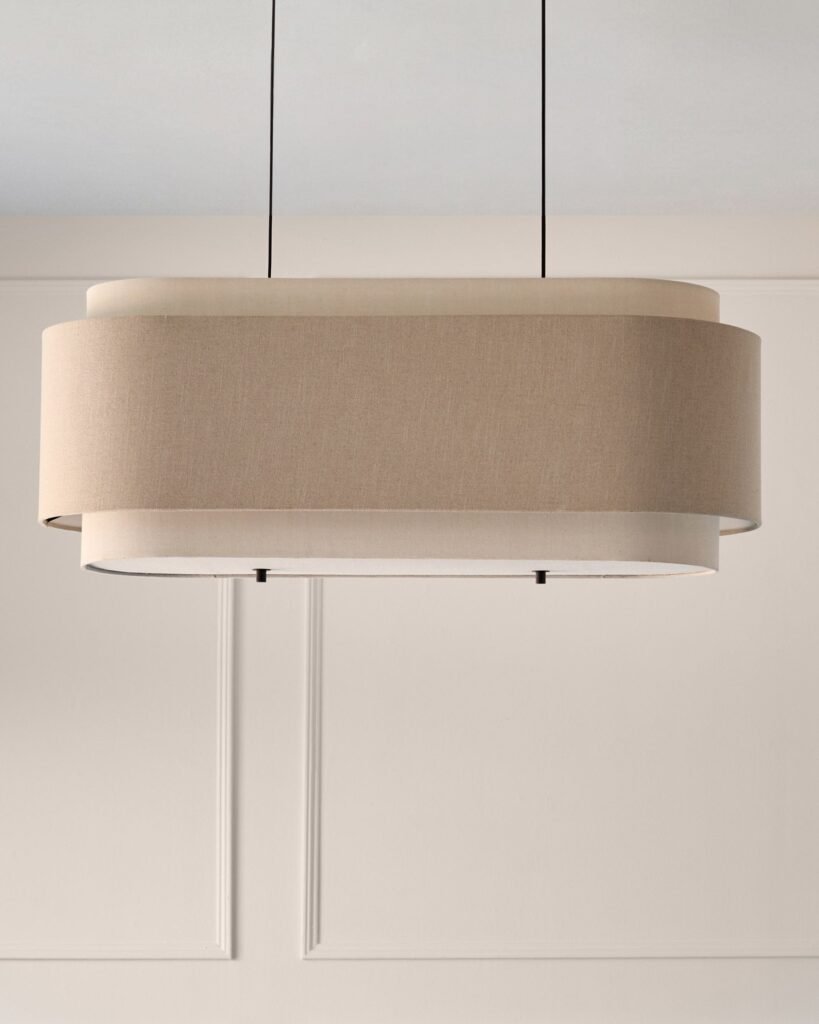 Leonie natural and mocha linen 3 bulb pendant light – Dusk England Front