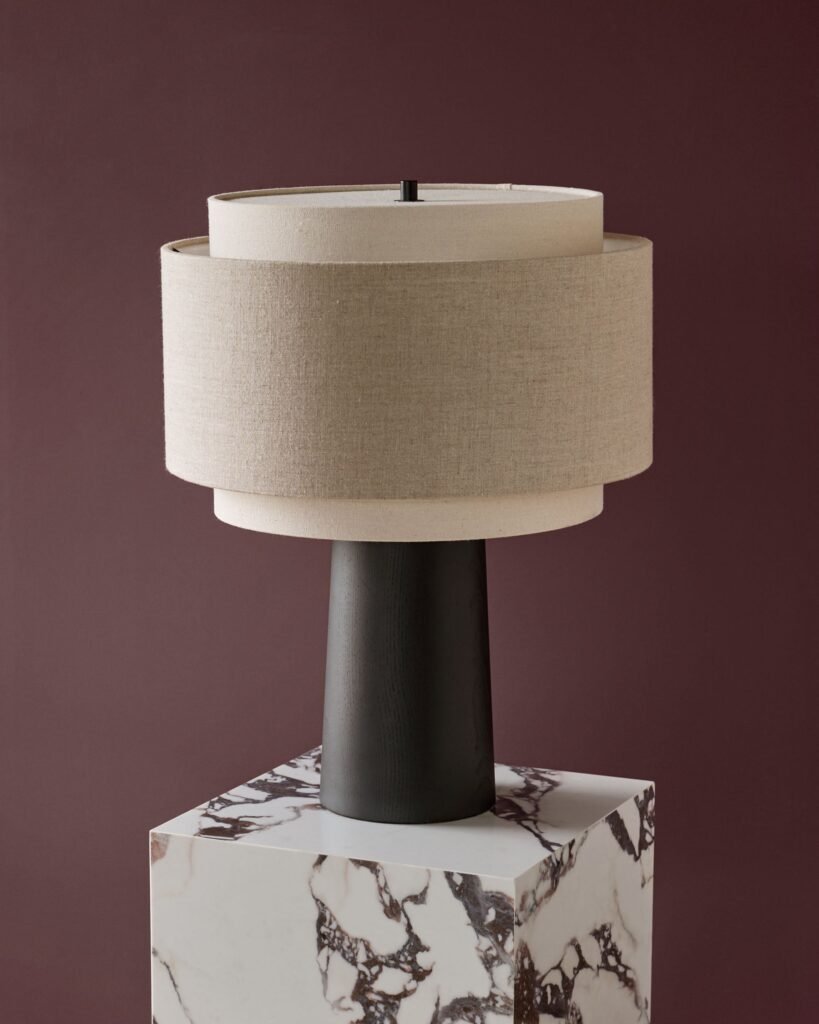 Dusk England Leonie natural and mocha linen dark wood table lamp Front
