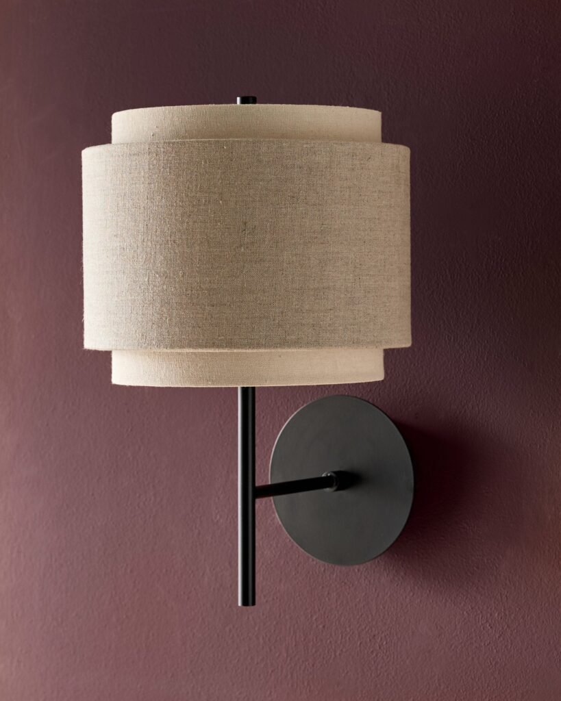 Dusk Leonie natural and mocha linen black metal wall light Front