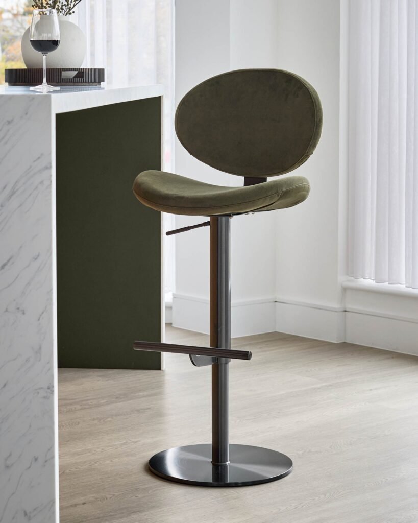 Lilah olive green velvet gas lift bar stool – Dusk Front