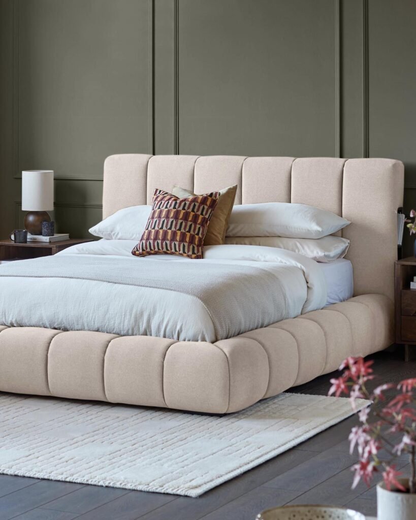 Lillian cream plush fabric king size ottoman storage bed – Dusk Scotland Front