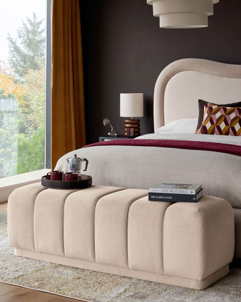 Lillian cream Dusk plush fabric bench Front