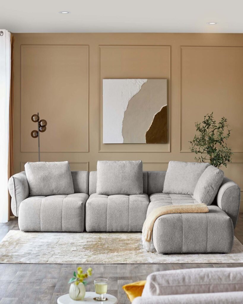 Dusk Scotland Lillian light grey fabric right hand large corner chaise sofa Front