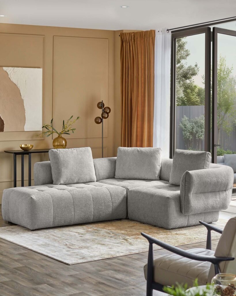 Lillian light grey fabric left Dusk Scotland hand small corner chaise sofa Front