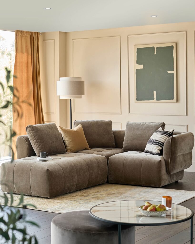 Lillian mocha fabric left hand small corner chaise sofa – Dusk Front
