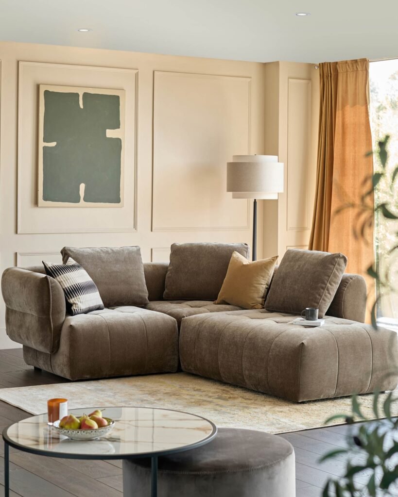 Lillian mocha fabric right hand small corner chaise sofa – Dusk England Front