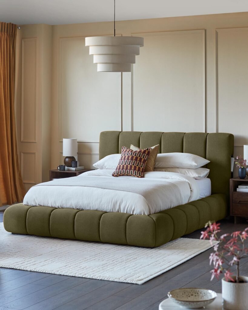 Dusk England Lillian olive green fabric super king size ottoman storage bed Front