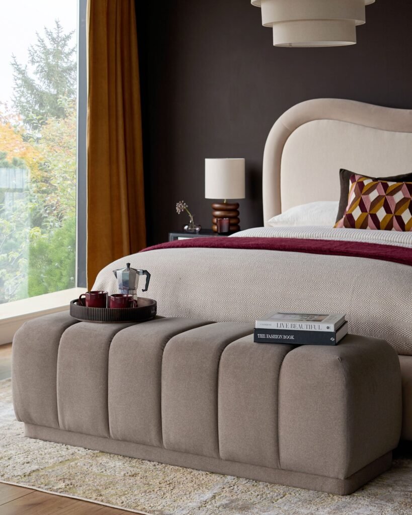 Dusk Scotland Lillian mocha plush fabric bench Front