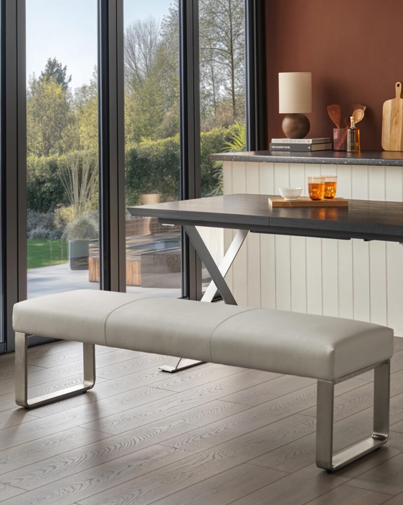 Loop 3 Seater Light Grey Faux Leather & Stainless Steel Bench Without Backrest – Dusk Scotland Front