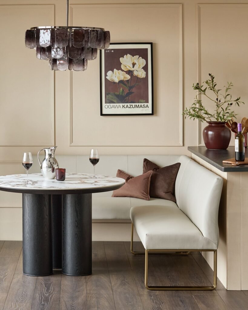 Dusk Loop light grey faux leather right hand corner 5 seater brushed brass leg dining bench Front