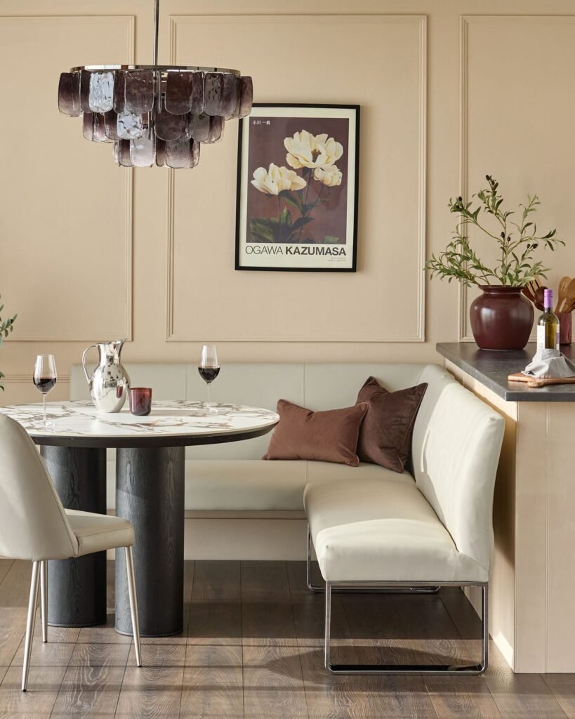Loop light grey faux leather right hand Dusk Scotland corner 5 seater chrome leg dining bench Front