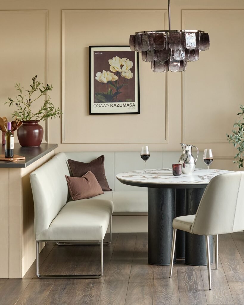 Dusk Scotland Loop 5 Seater Light Grey Faux Leather & Stainless Steel Left Hand Corner Dining Bench Front