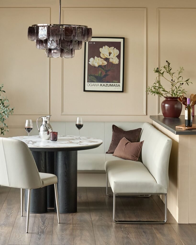 Loop 5 Seater Light Grey Faux Leather Dusk & Stainless Steel Right Hand Corner Dining Bench Front