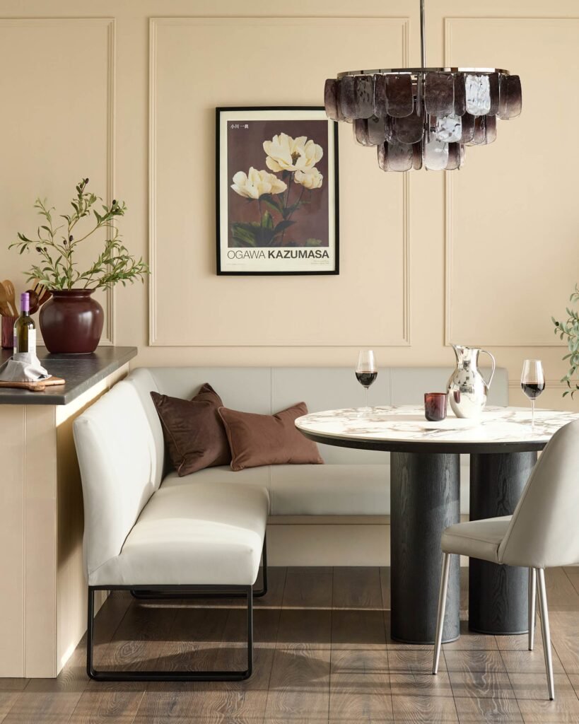 Loop 5 Seater Light Grey Faux Leather & Black Leg Left Hand Corner Dining Bench – Dusk England Front