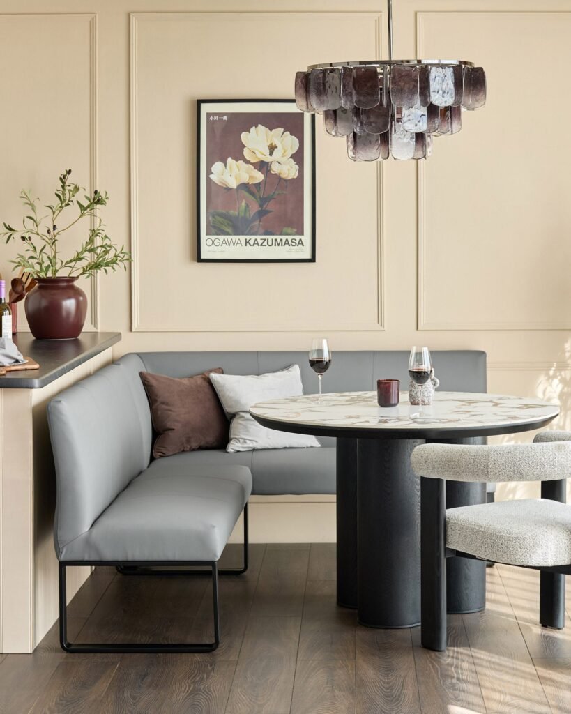 Loop 5 Seater Faux Leather Mid Grey Left Hand Corner Dining Bench – Dusk Scotland Front