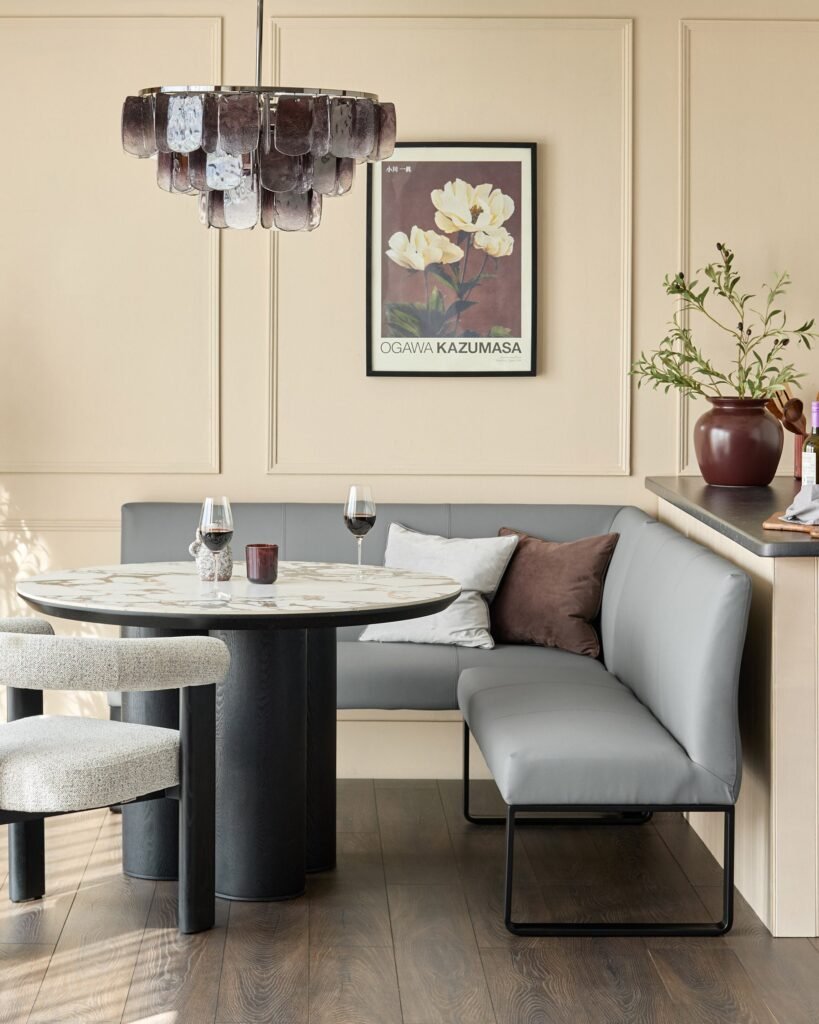 Loop 5 Seater Mid Grey Faux Leather Right Hand Corner Dining Bench – Dusk Scotland Front