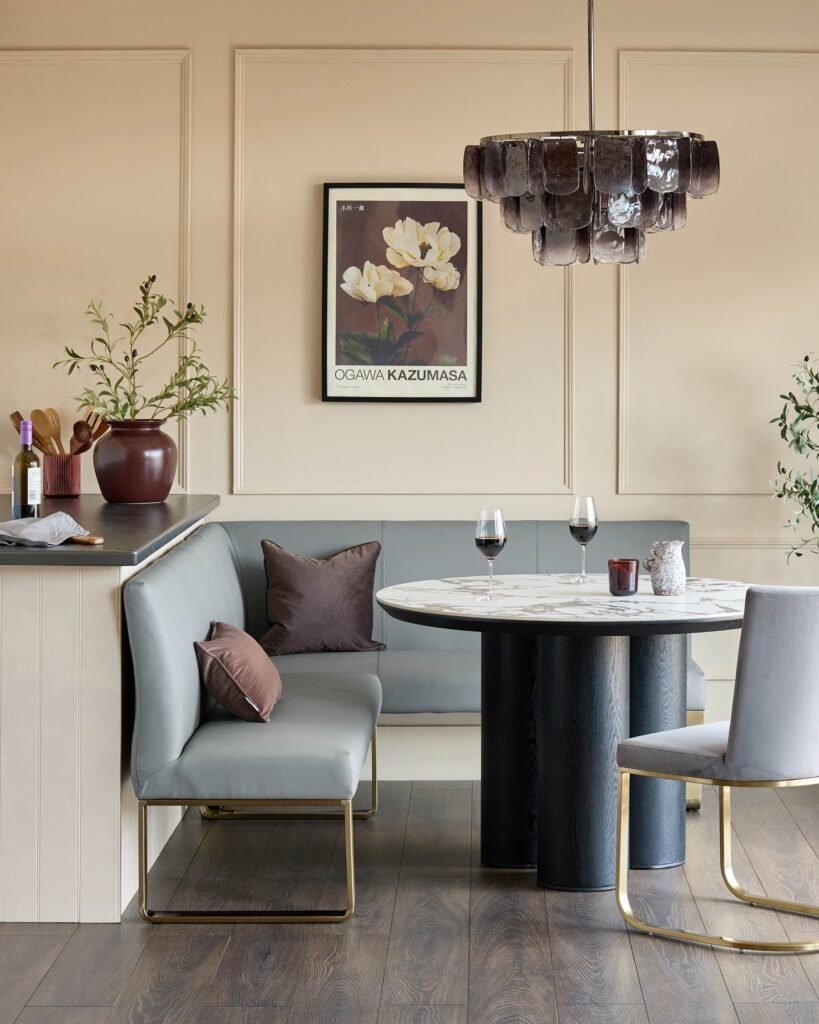 Dusk England Loop mid grey faux leather left hand corner 5 seater brushed brass leg dining bench Front