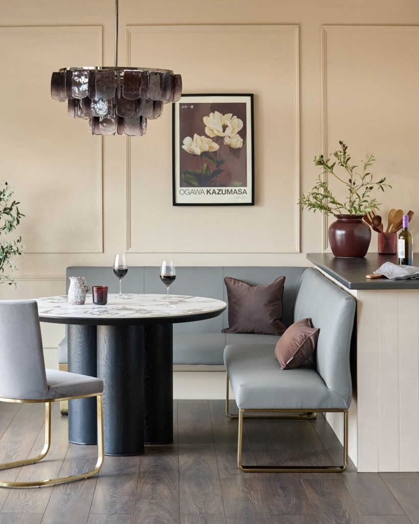 Loop mid grey faux leather right hand Dusk England corner 5 seater brushed brass leg dining bench Front