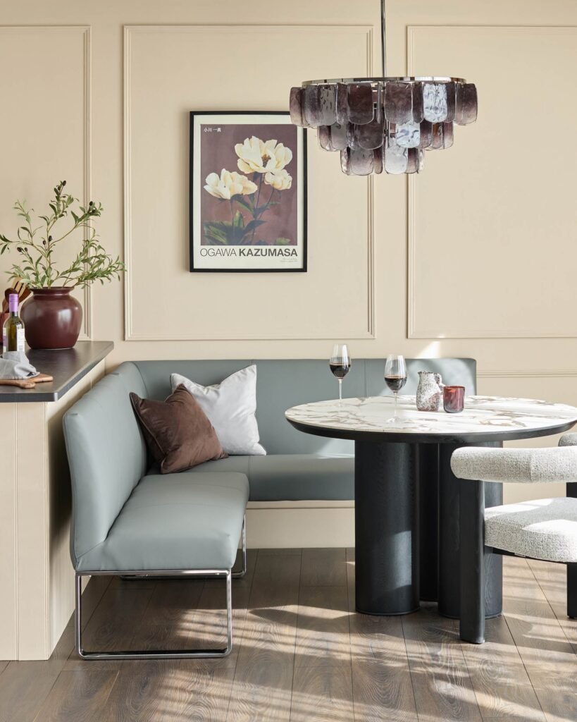 Loop mid grey faux leather left hand Dusk Scotland corner 5 seater chrome leg dining bench Front