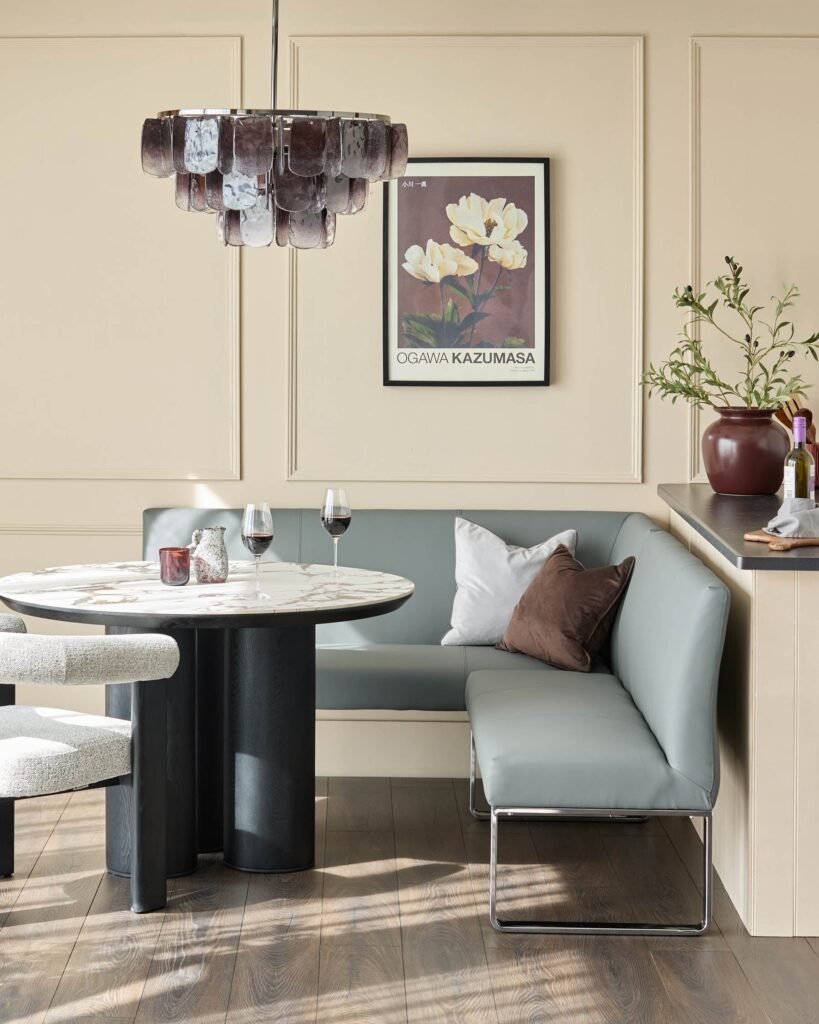 Loop mid grey faux leather right hand corner 5 seater chrome leg dining bench – Dusk Front