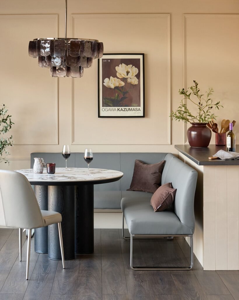 Loop 5 Seater Grey Faux Leather & Stainless Steel Right Hand Corner Dining Bench – Dusk Scotland Front