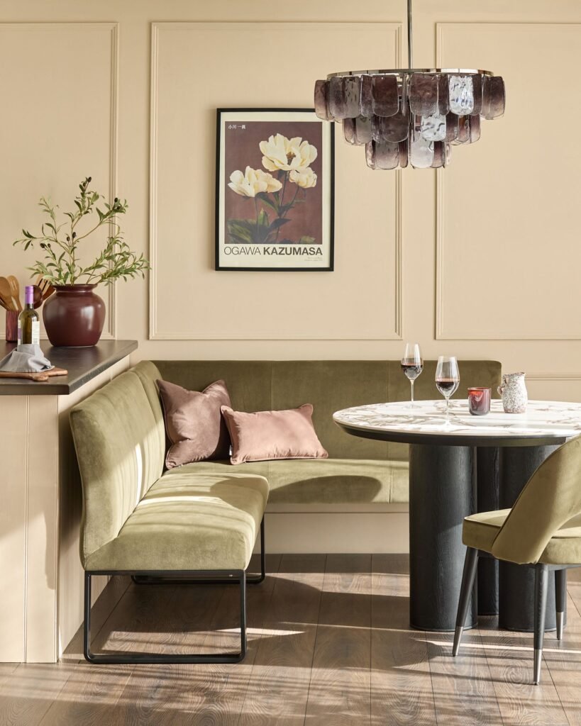 Loop olive green velvet black metal left hand corner 5 seater dining bench – Dusk Scotland Front