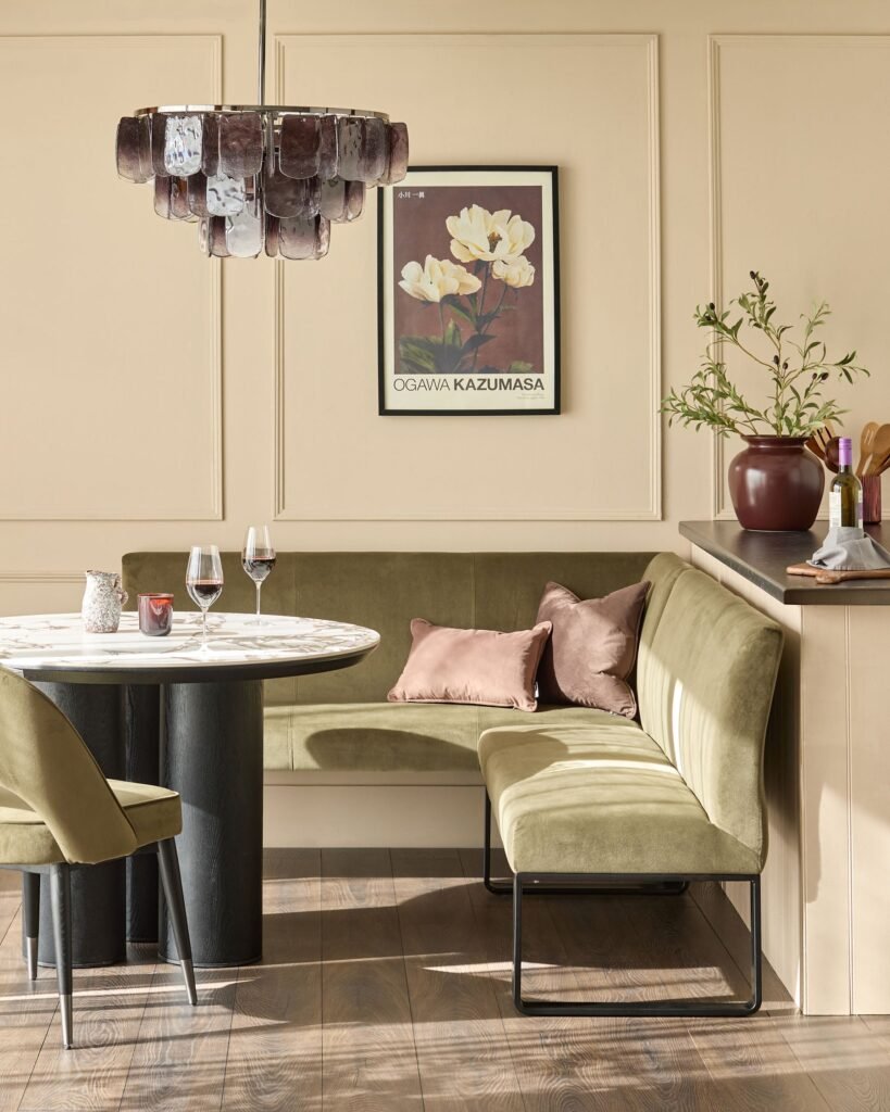 Loop olive green velvet black metal right hand corner 5 seater dining bench – Dusk England Front