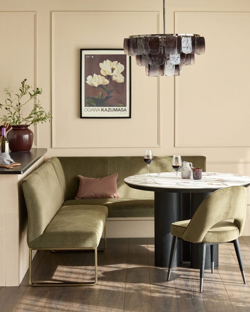 Loop olive green brushed brass left Dusk hand corner 5 seater dining bench Front