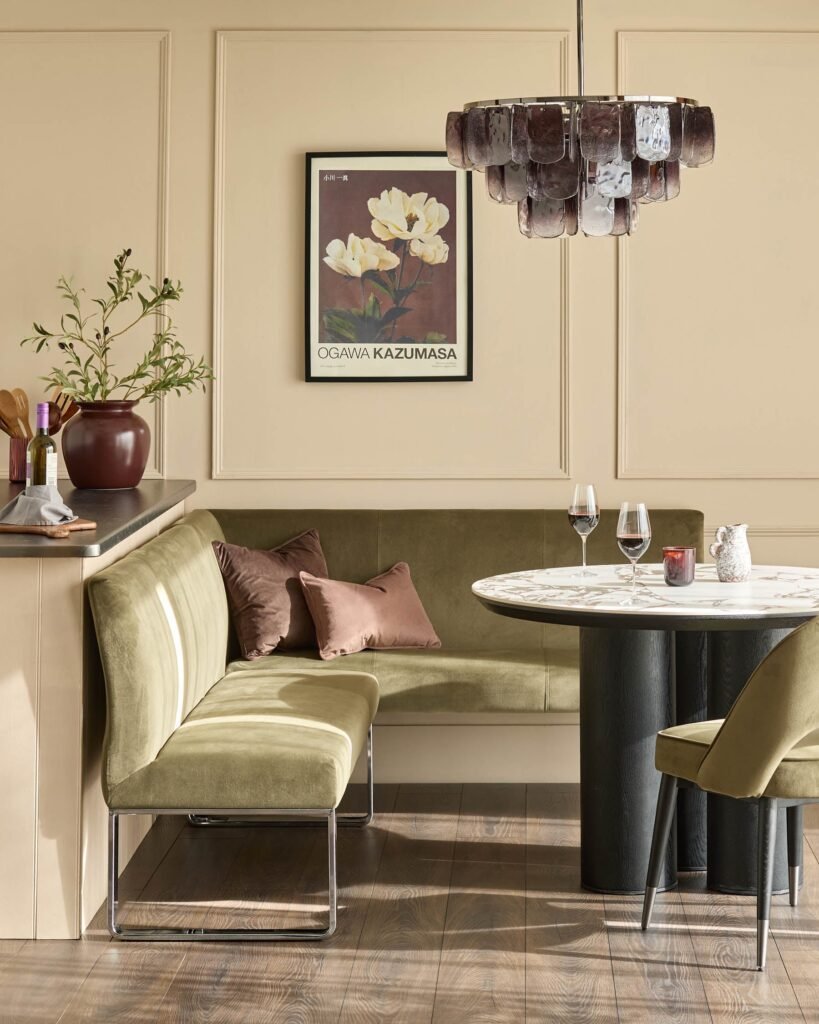 Dusk Loop olive green velvet chrome left hand corner 5 seater dining bench Front