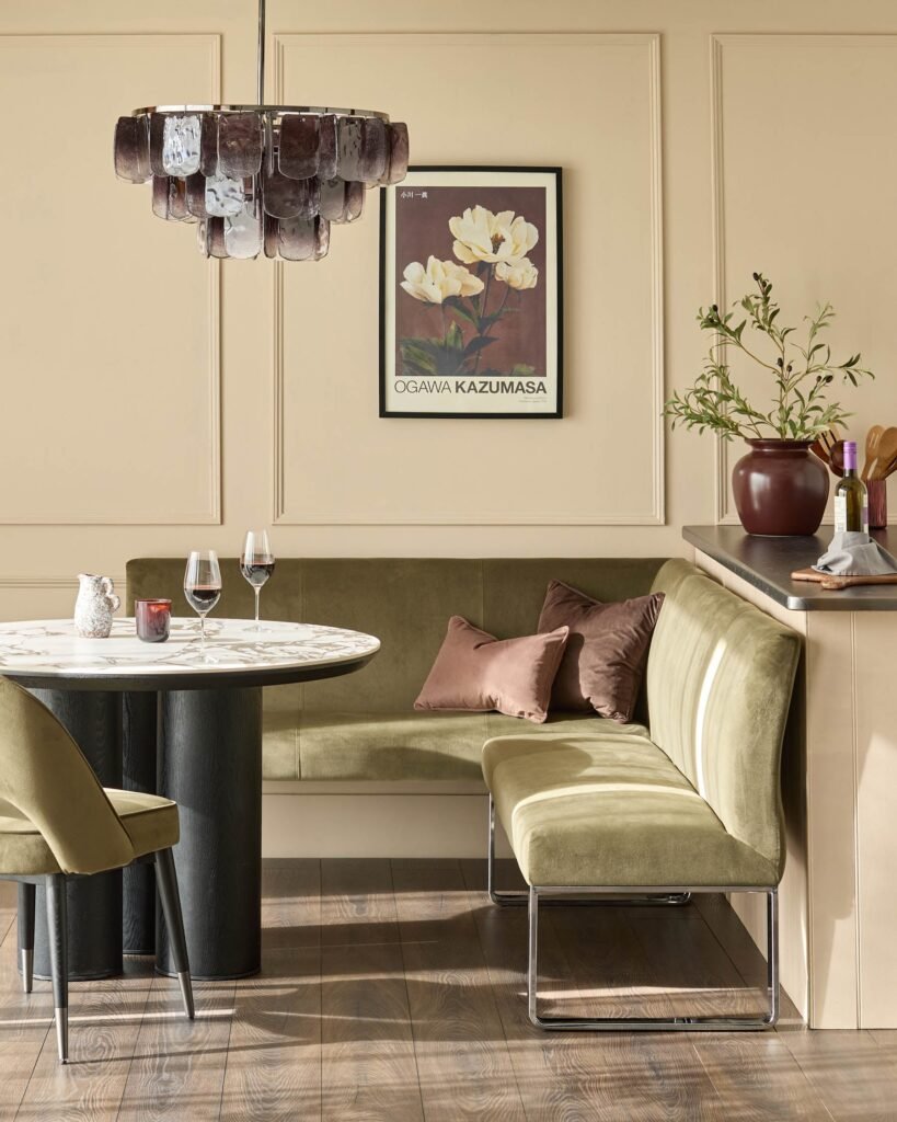 Loop olive green velvet chrome right Dusk England hand corner 5 seater dining bench Front